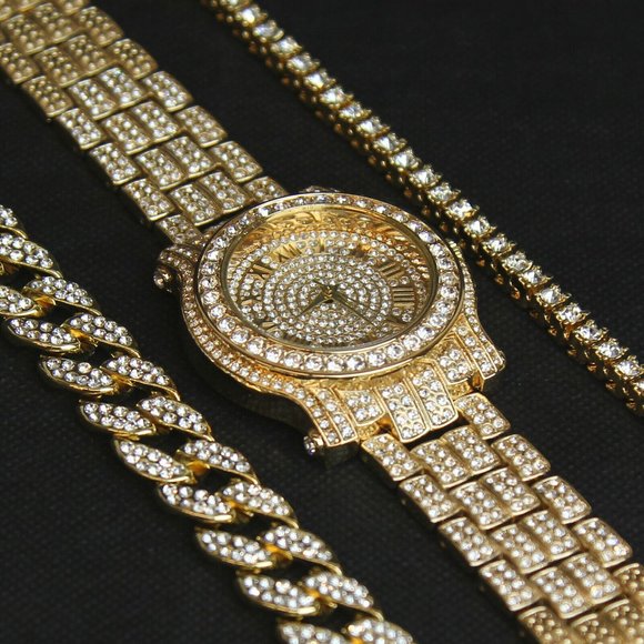 14k Gold Watch + 2 9" Cuban Bracelets - Picture 2 of 5